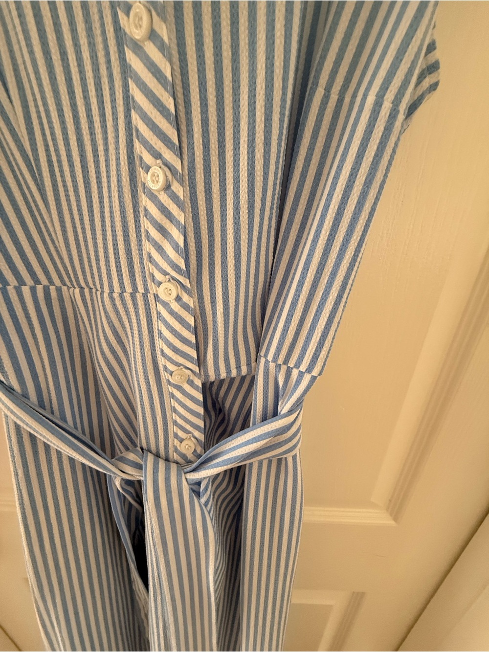 Tommy Hilfiger Sleeveless Blue and White Striped Shirt Dress with Tie Belt - Picture 3 of 7